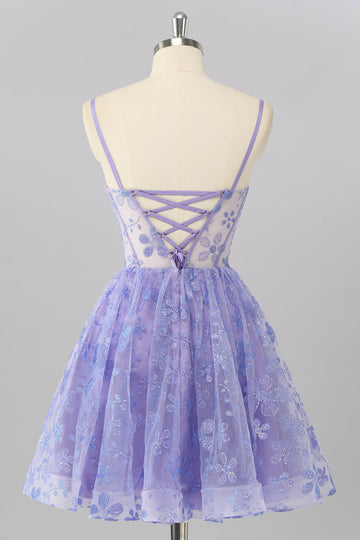 Purple A Line Spaghetti Straps Corset Sequin Homecoming Dress